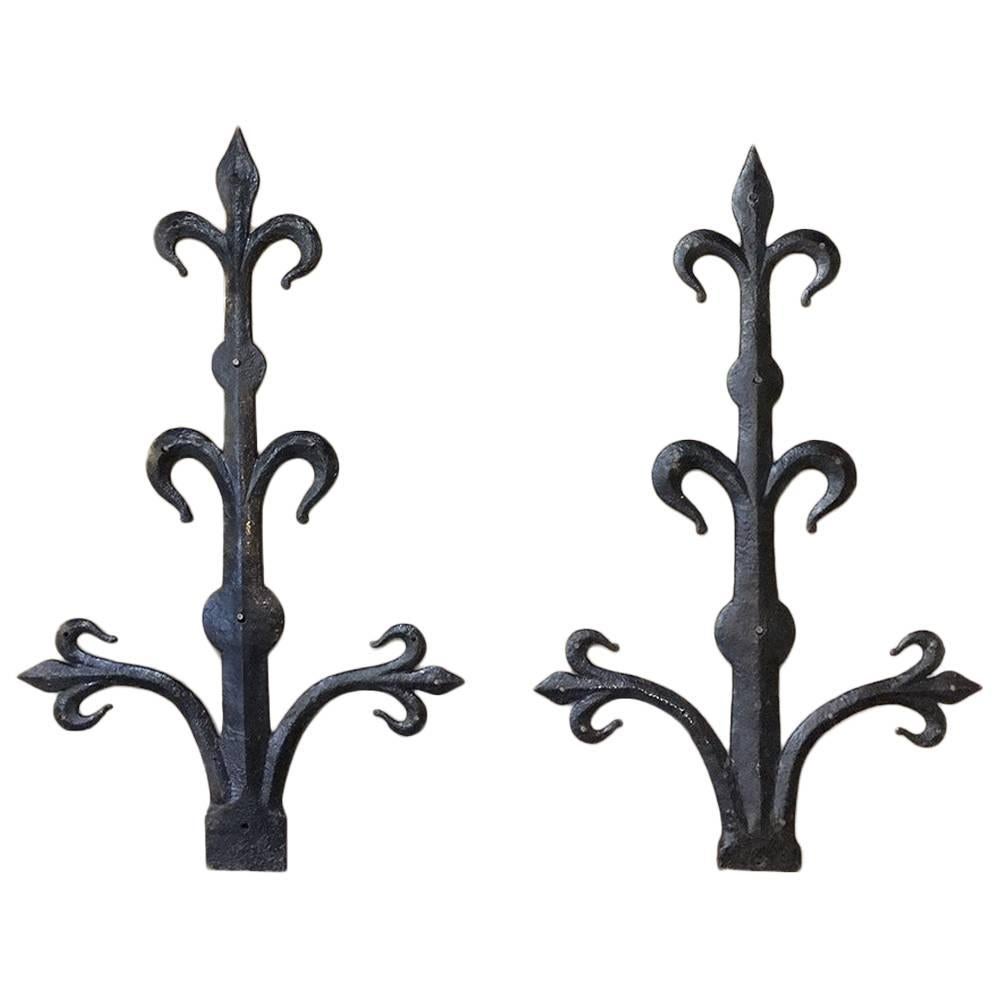 Pair of 18th Century Wrought Iron Fleur De Lys Architectural Wall Decorations
