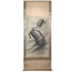 Giant Sea Turtles Old Japanese Hand Painted Scroll, Signed