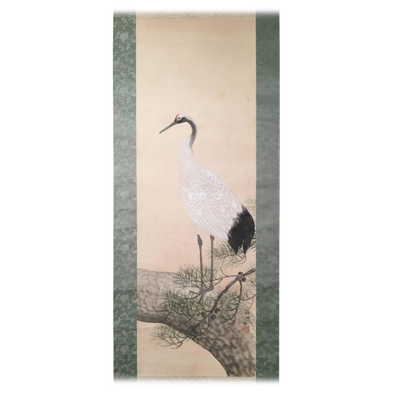 Magnificent Red-Crowned Crane Japan Antique Hand Painted Silk Scroll at ...