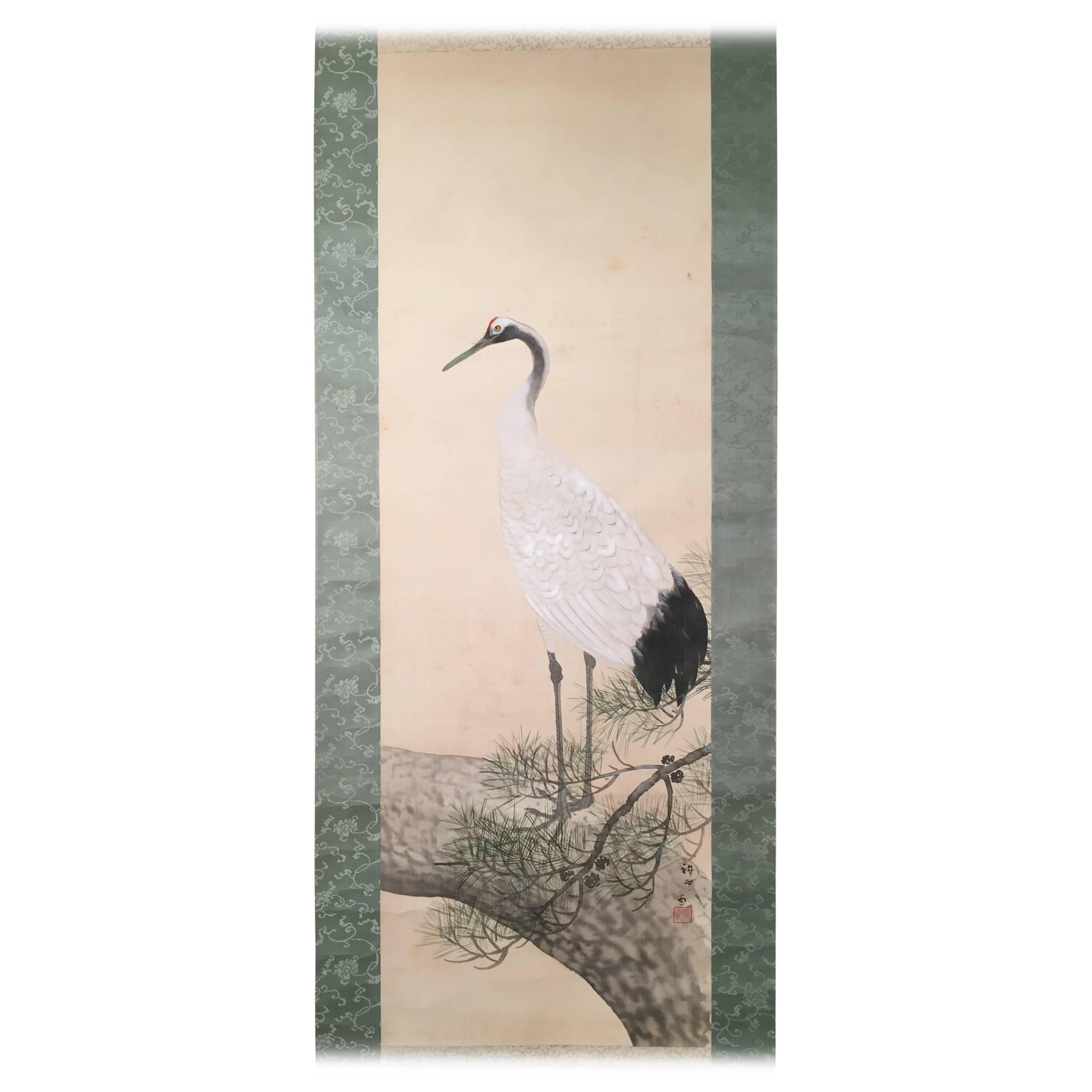 Magnificent Red-Crowned Crane Japan Antique Hand Painted Silk Scroll