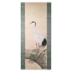 Magnificent Red-Crowned Crane Japan Vintage Hand Painted Silk Scroll