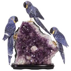 Mid-Century Carved Geode Three Parrot Sculpture