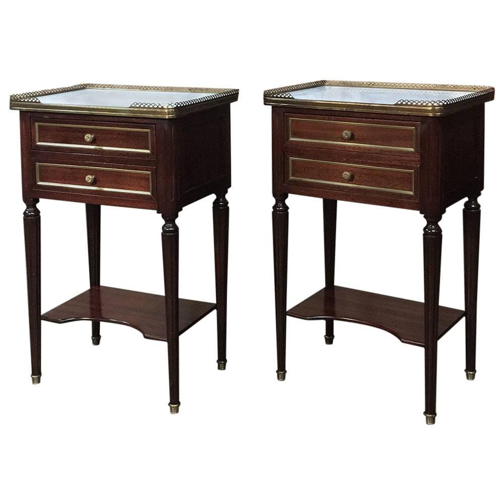 Pair of French Maison Jansen Louis XVI Style Marble-Top Nightstands/End Tables
