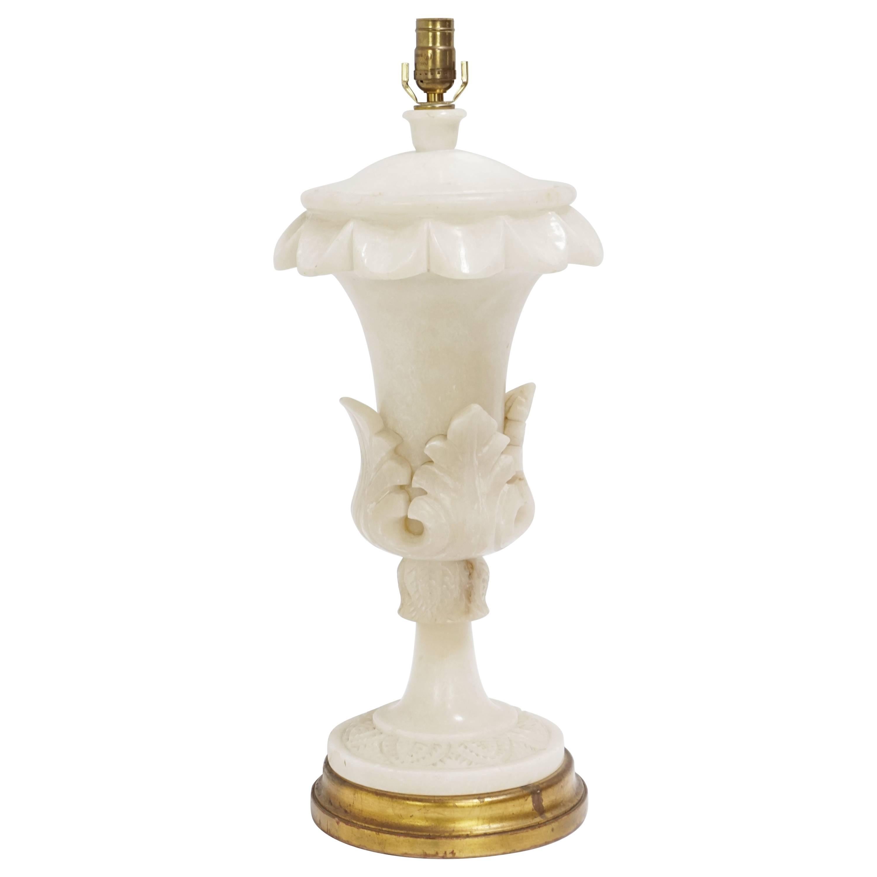 Large Carved Alabaster Leaf/Urn Lamp, Lit from Within, Gilded Base For Sale