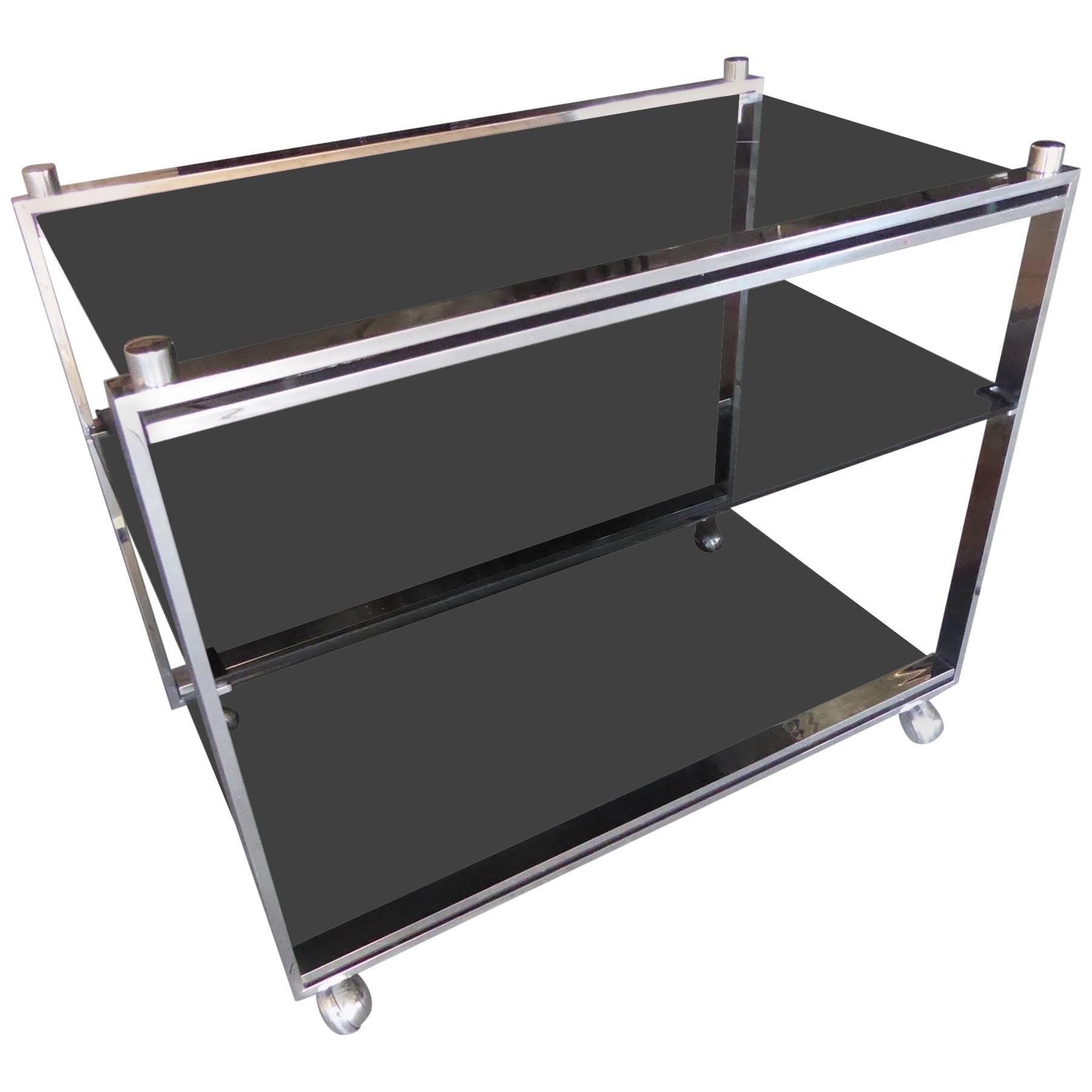 Chrome-Plated Steel and Smoked Glass Bar Cart by Charles Hollis Jones circa 1968 For Sale