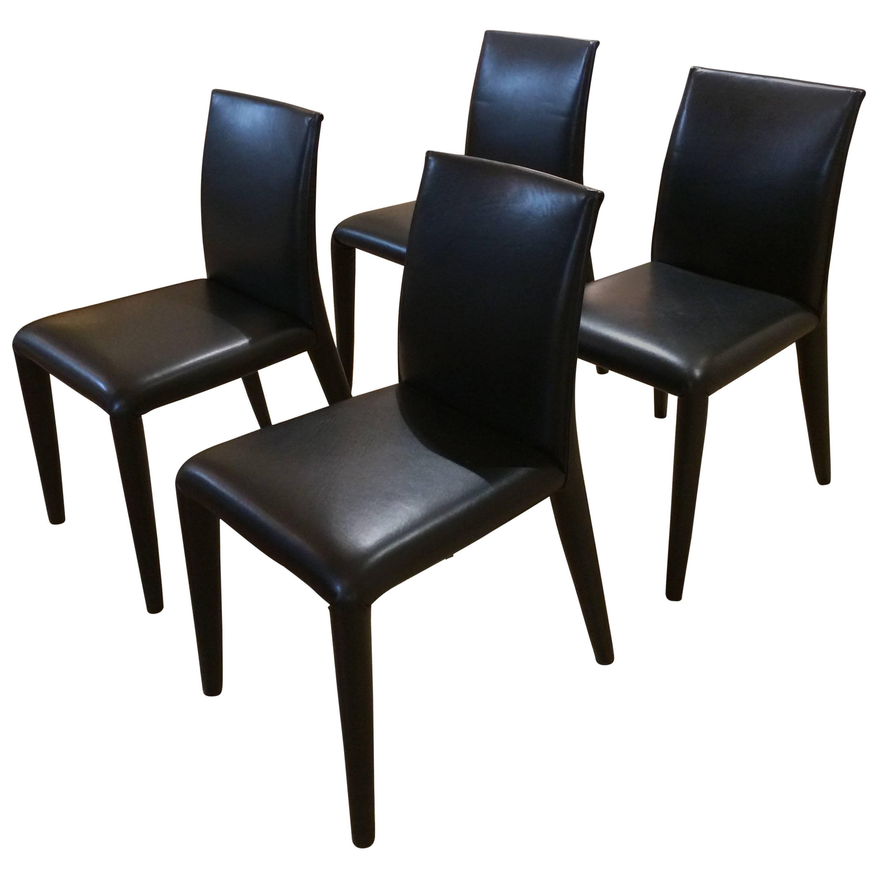 Set of Four Sexy B & B Italia Black Leather Dining Side Chairs