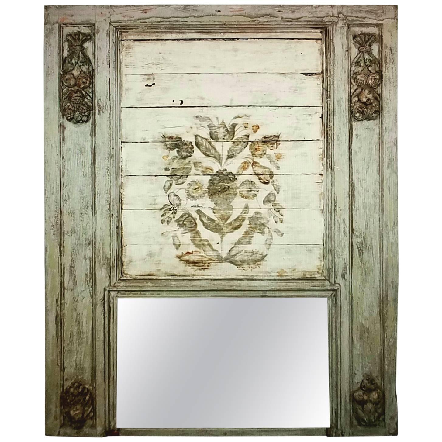 19th Century Painted French Trumeau Mirror with Fruit Swags and Painted Florals