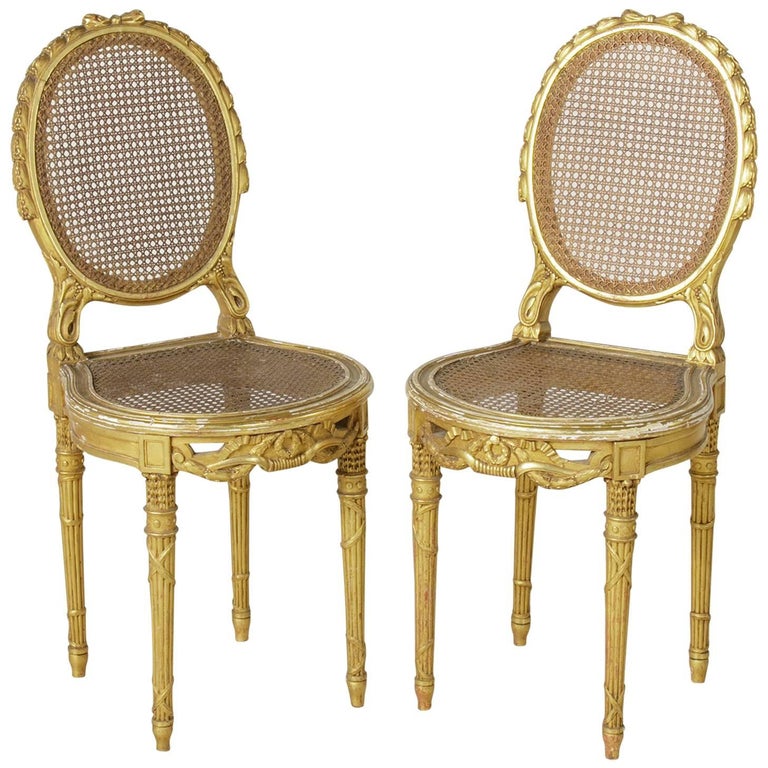 Pair of 19th Century, Louis XVI HandCarved Giltwood Side Chairs with
