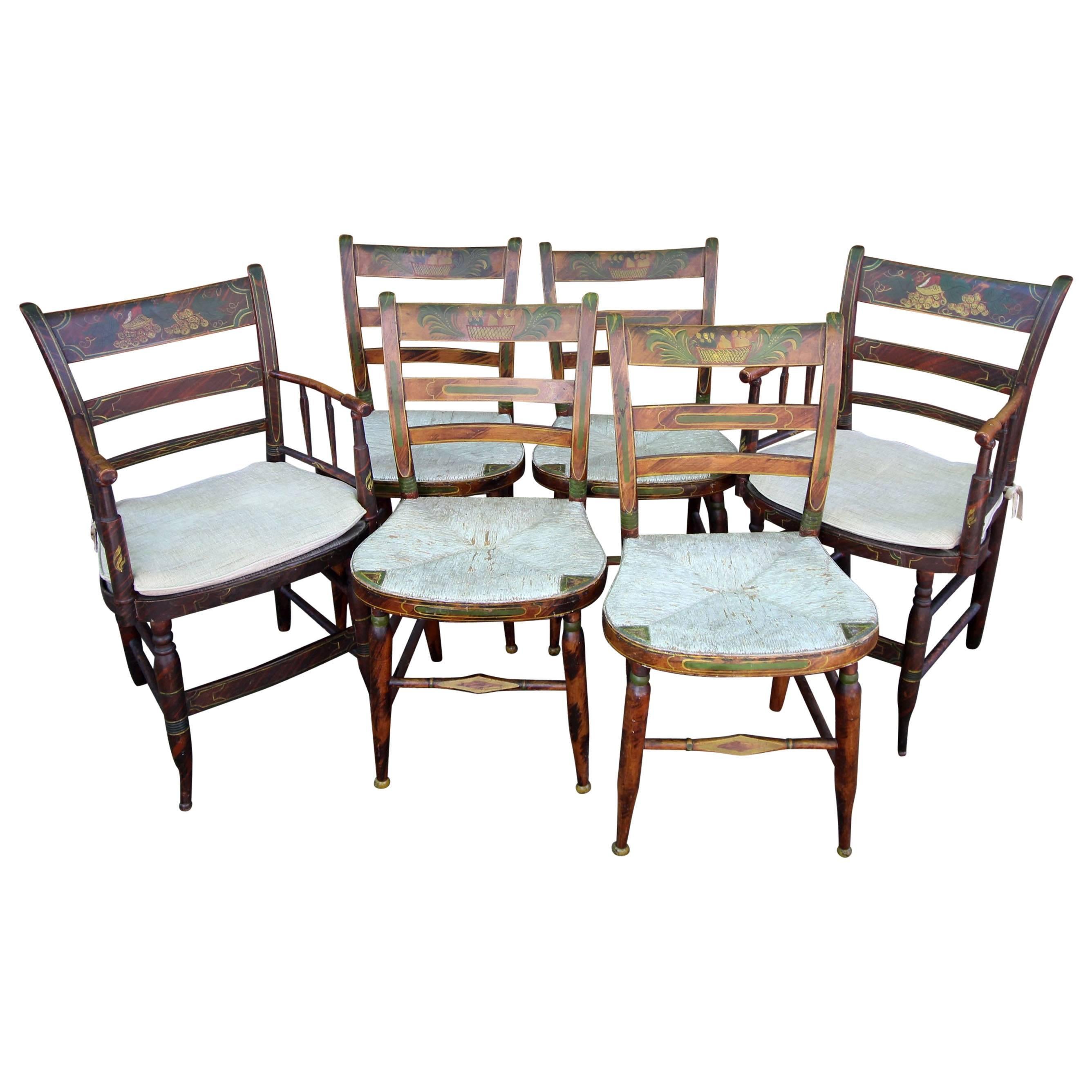 Six Paint Decorated Rush Seat Dining Chairs For Sale