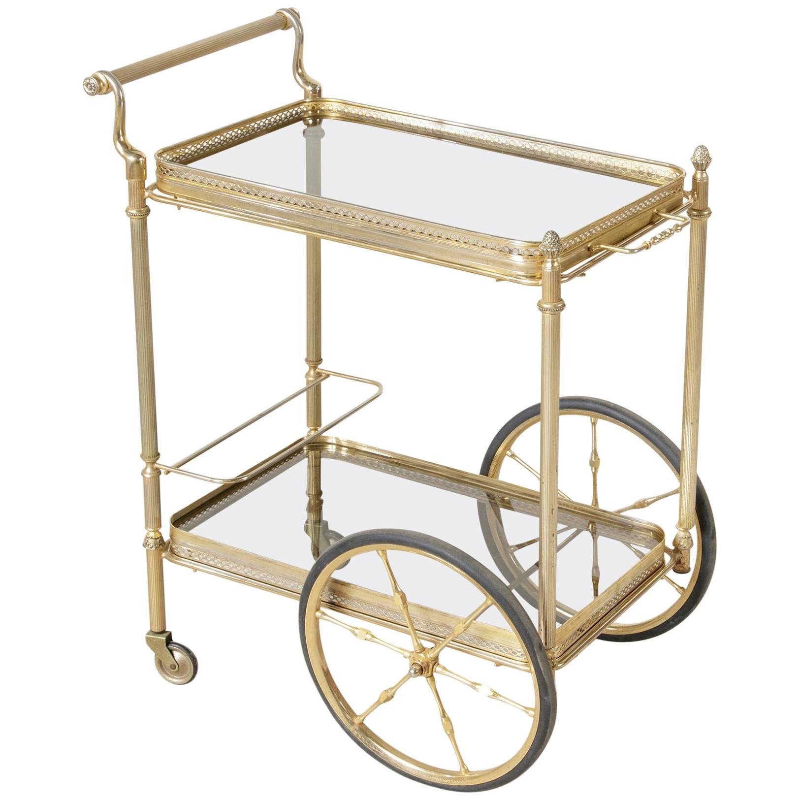 French Mid-Century Brass Bar Cart with Removable Glass Trays and Bottle Holder