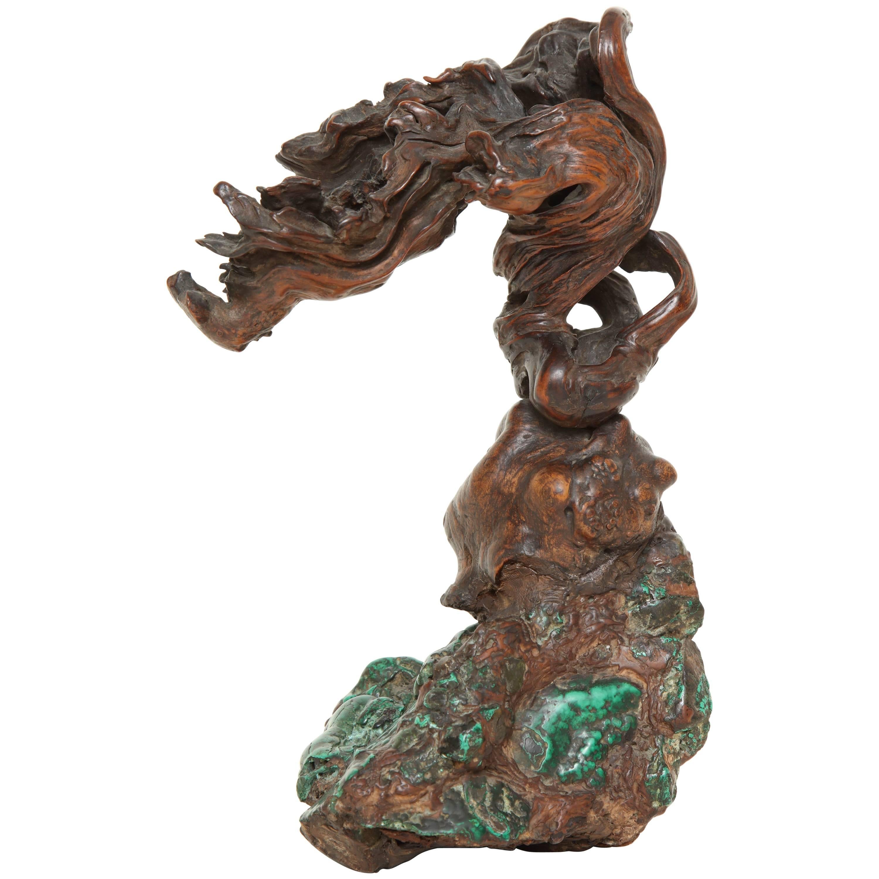 19th Century Chinese Malachite and Rootwood Scholar's Object