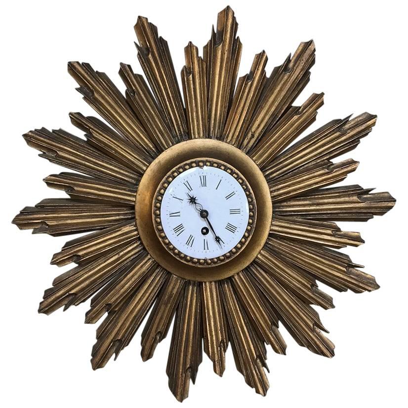 Mid-Century Carved Wood French Gilt Wood Sunburst Wall Clock