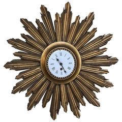 Mid-Century Carved Wood French Gilt Wood Sunburst Wall Clock