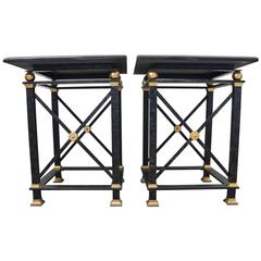 French Directoire Vintage Black and Gold Iron Side Tables with Black Marble Top