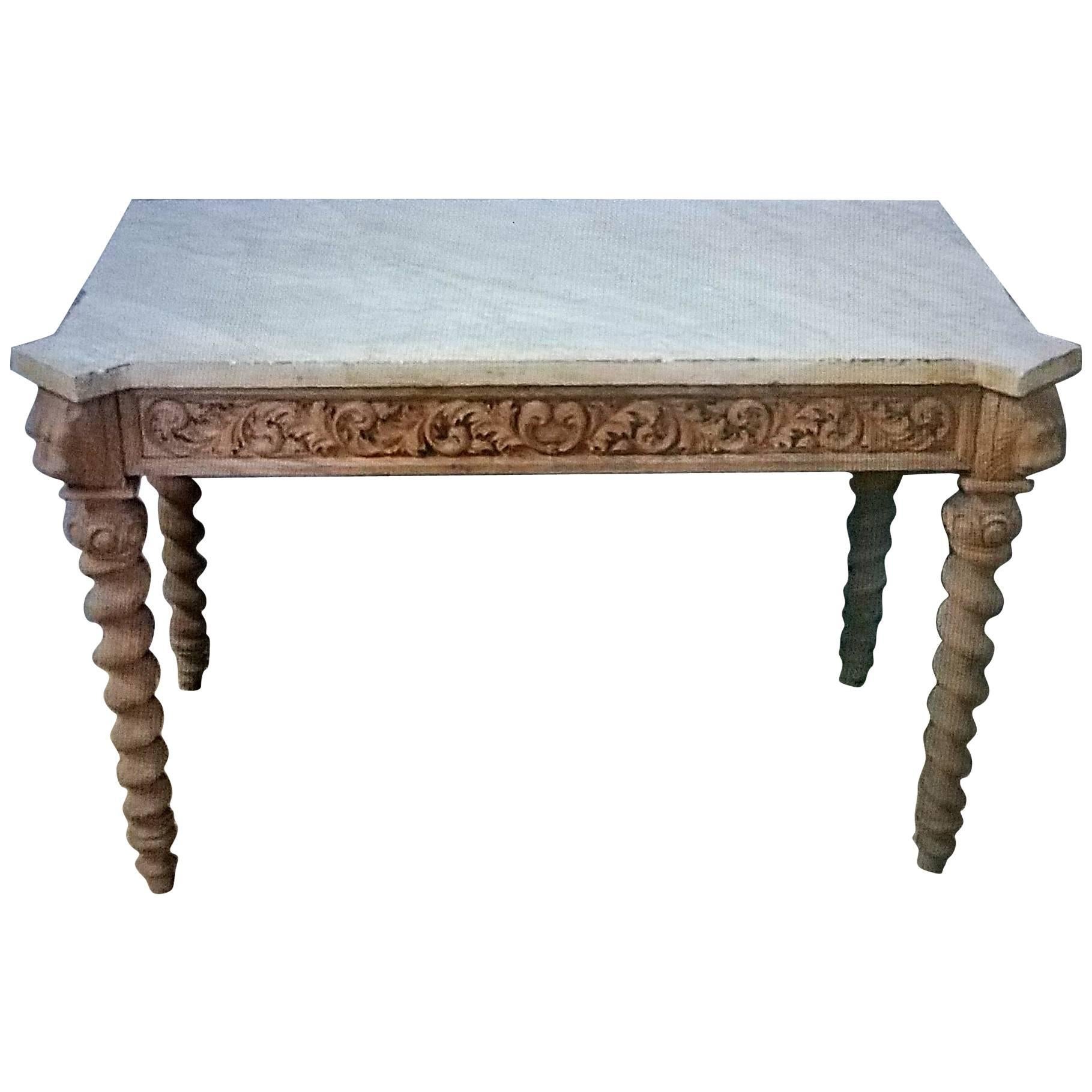 Antique Carved French Side Table with Corkscrew Legs, Lions Heads and Marble Top