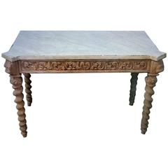 Antique Carved French Side Table with Corkscrew Legs, Lions Heads and Marble Top