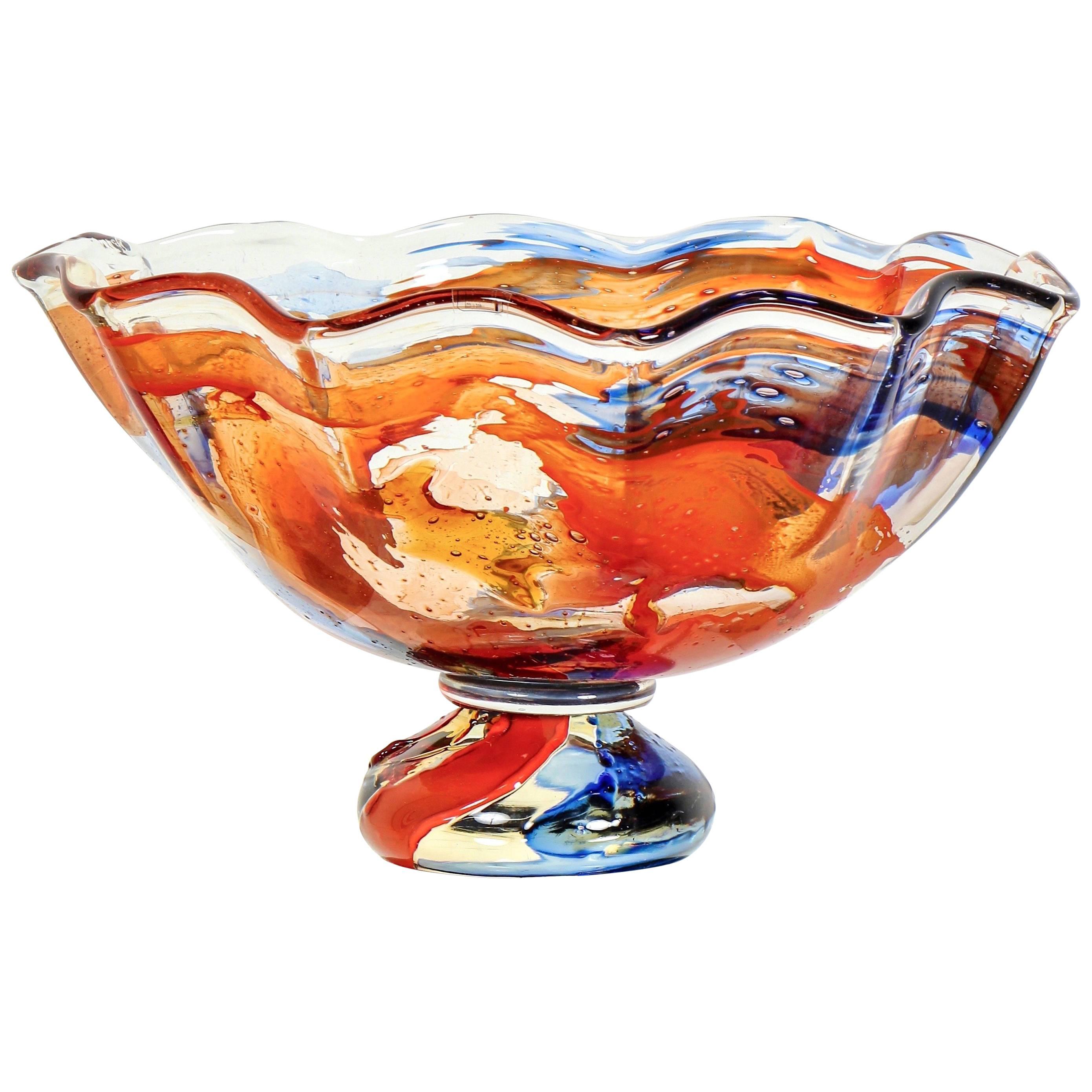 1980s, Mario Badioli Orange Red Blue Murano Glass Scalloped Centerpiece/Bowl