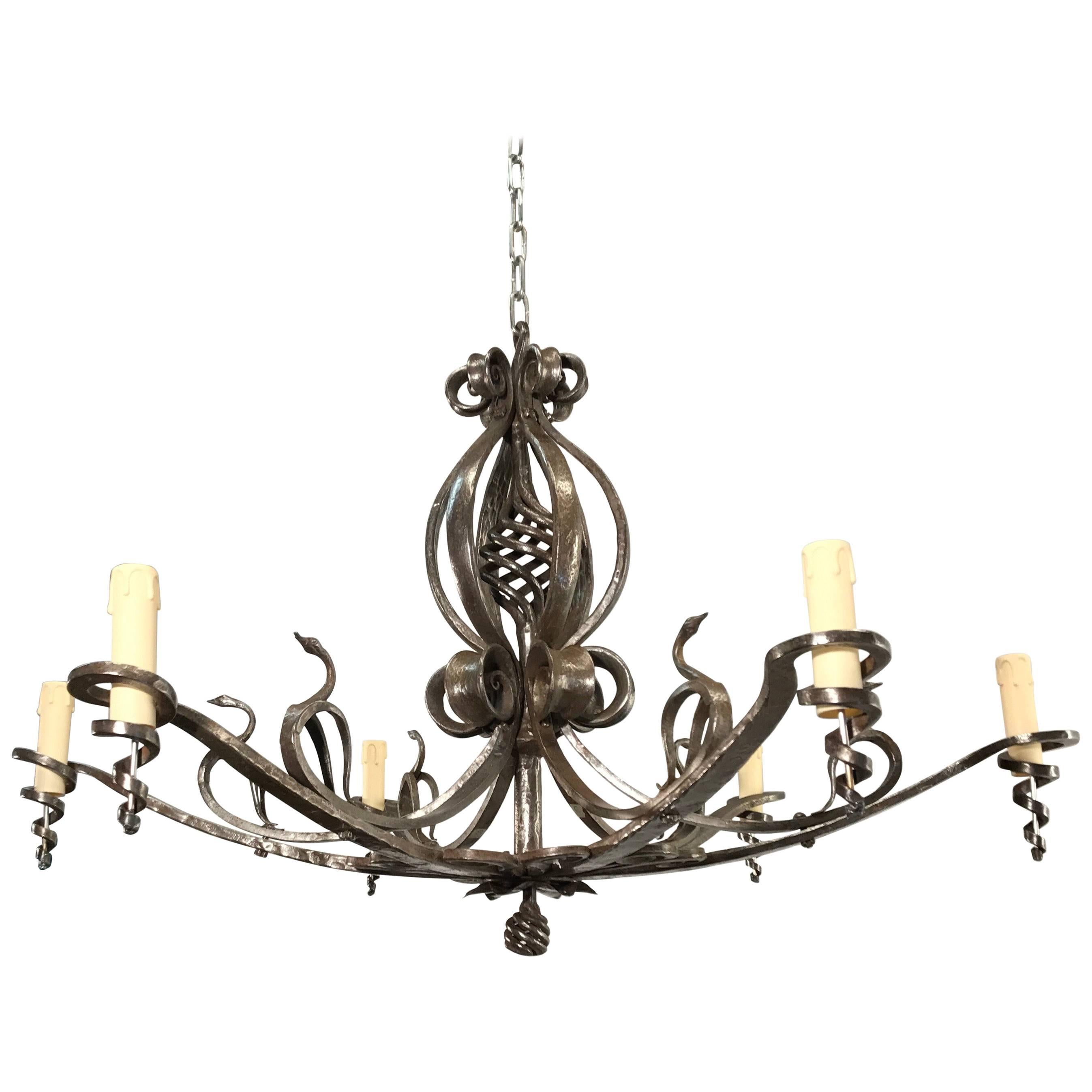 Arts and Crafts Wrought Iron Chandelier or Pendant with Stylized Swan Sculptures For Sale