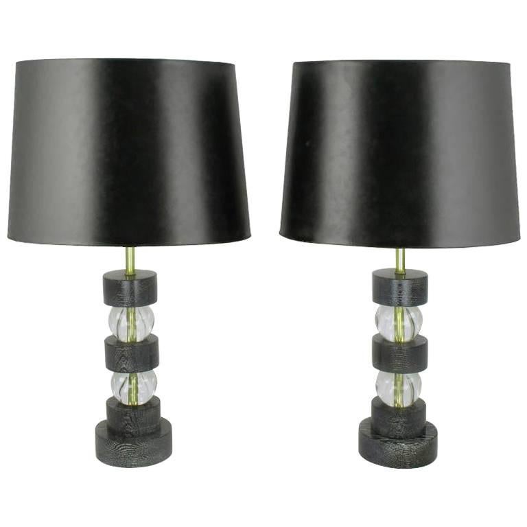 Black Cerused Oak and Crystal Ball Segmented Table Lamps For Sale