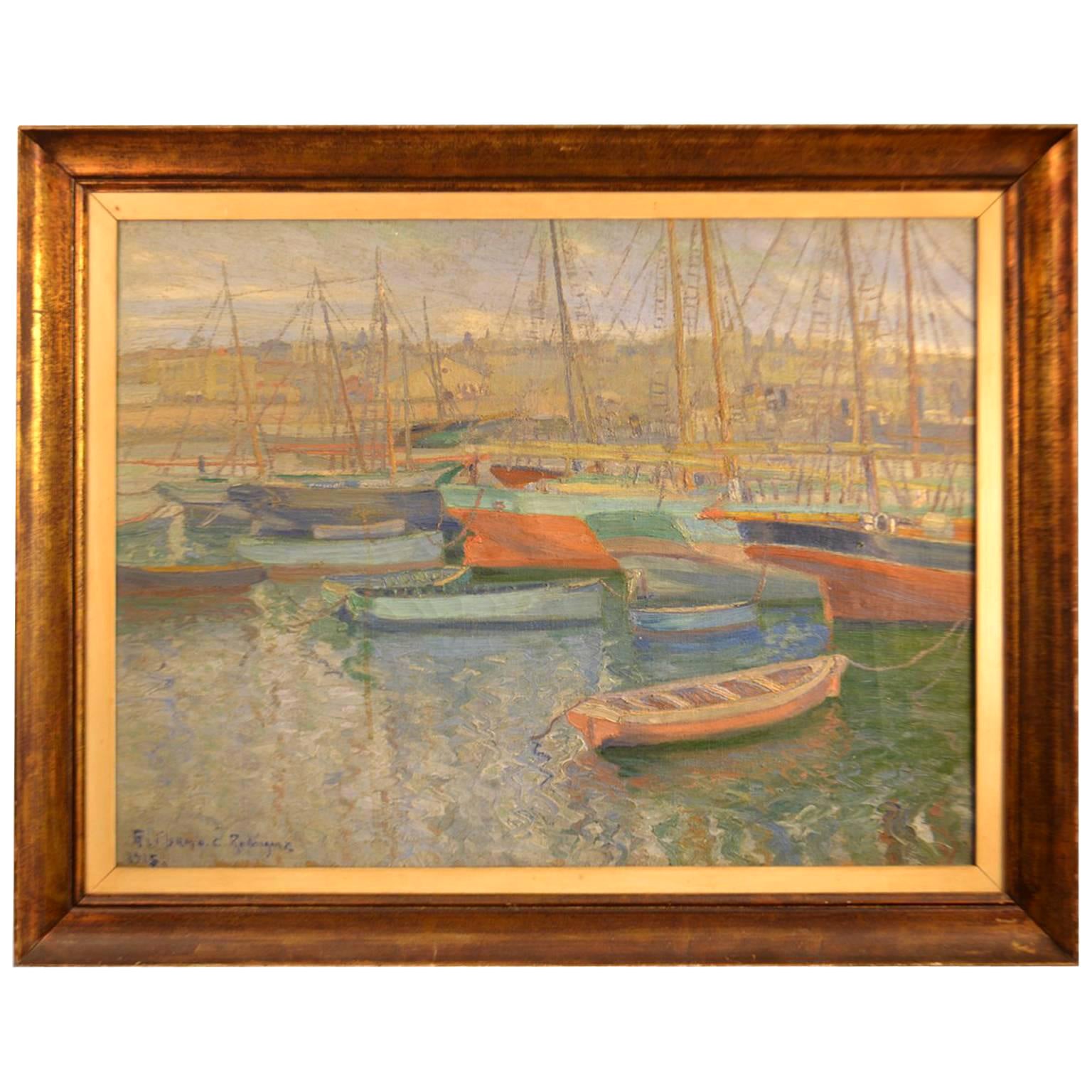 Peinture de navires dans un port, XXe siècle