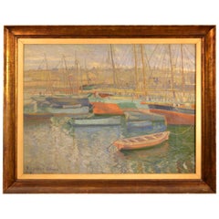 20th Century, Painting of Ships in Harbor