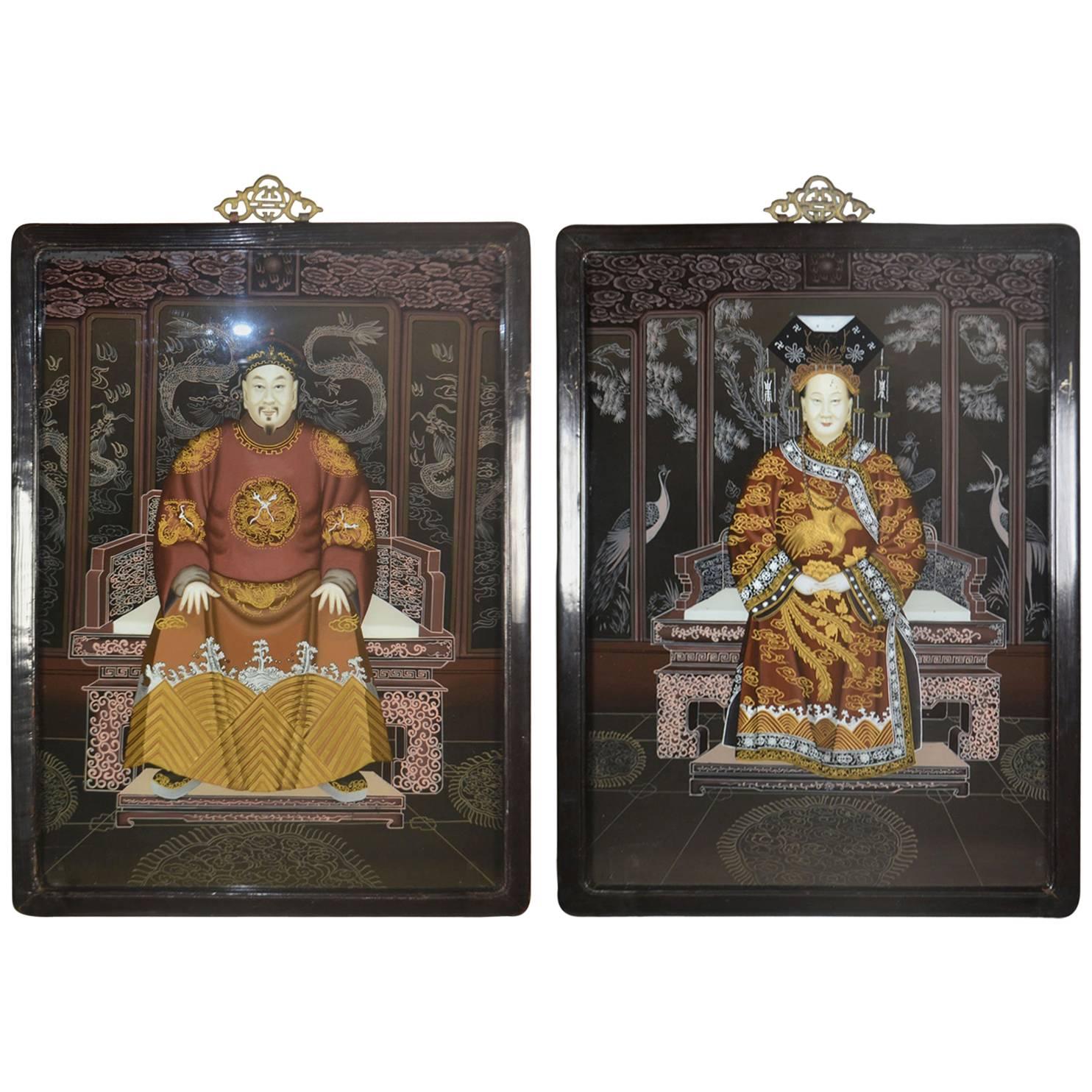 Pair of Chinese Reverse-Painted Glass Portraits