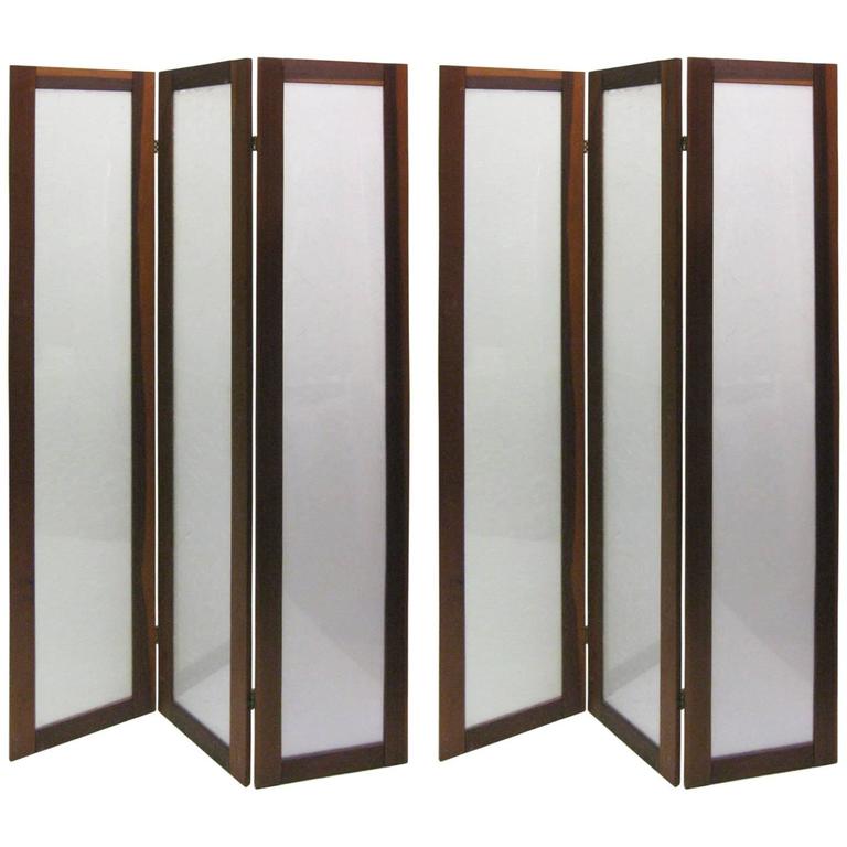 Pair of Textured Fiberglass and Teak Folding Screens For Sale at 1stDibs