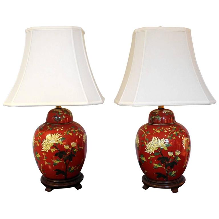 Pair Of Iron Red And Enameled Porcelain Ginger Jar Lamps At 1stdibs Pair Of Iron Red And Enameled Porcelain Ginger Jar Lamps For