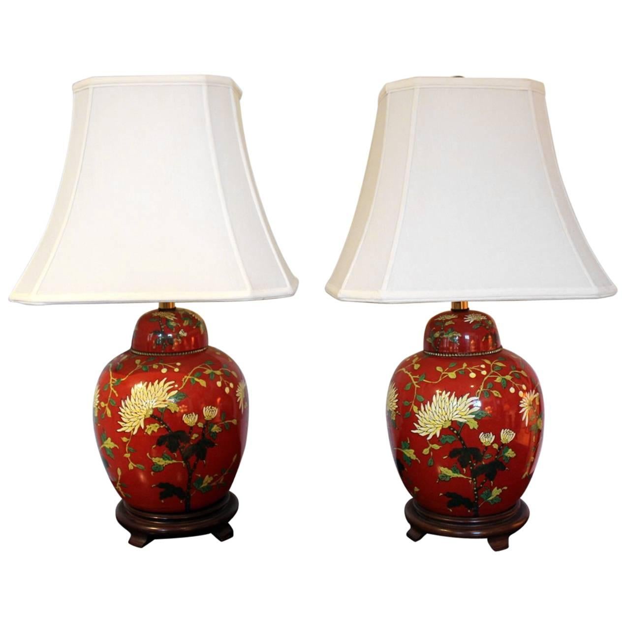 Pair of Iron Red and Enameled Porcelain Ginger Jar Lamps
