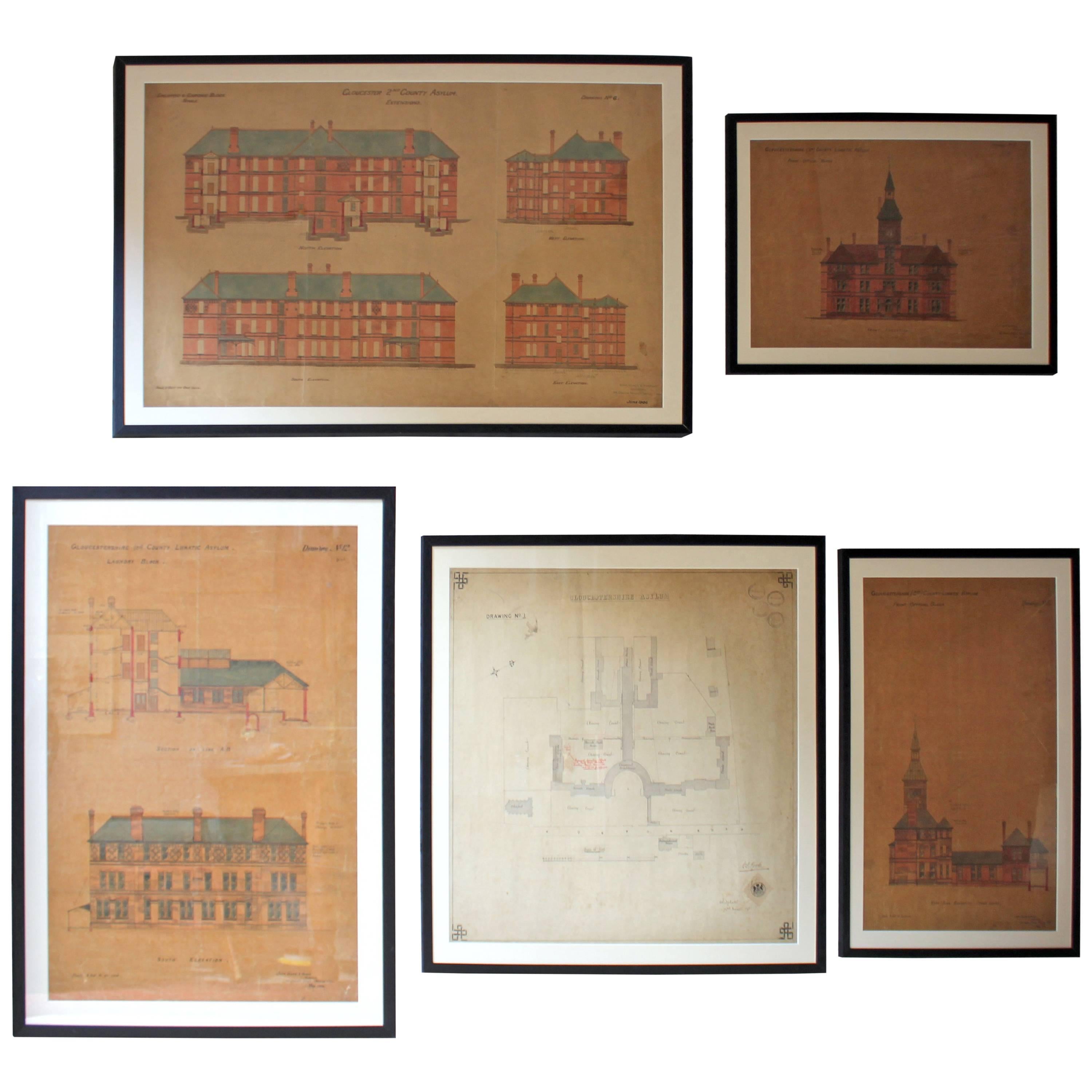 Five Framed 19th century Architects Drawings and Plans, Lunatic Asylum Interest