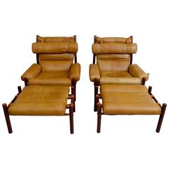 Arne Norell Inca Easy Chairs with Stools, 1970s