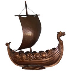 Retro Unique Folk Art Copper Viking Ship Table Piece with Shields and Boxes on Deck