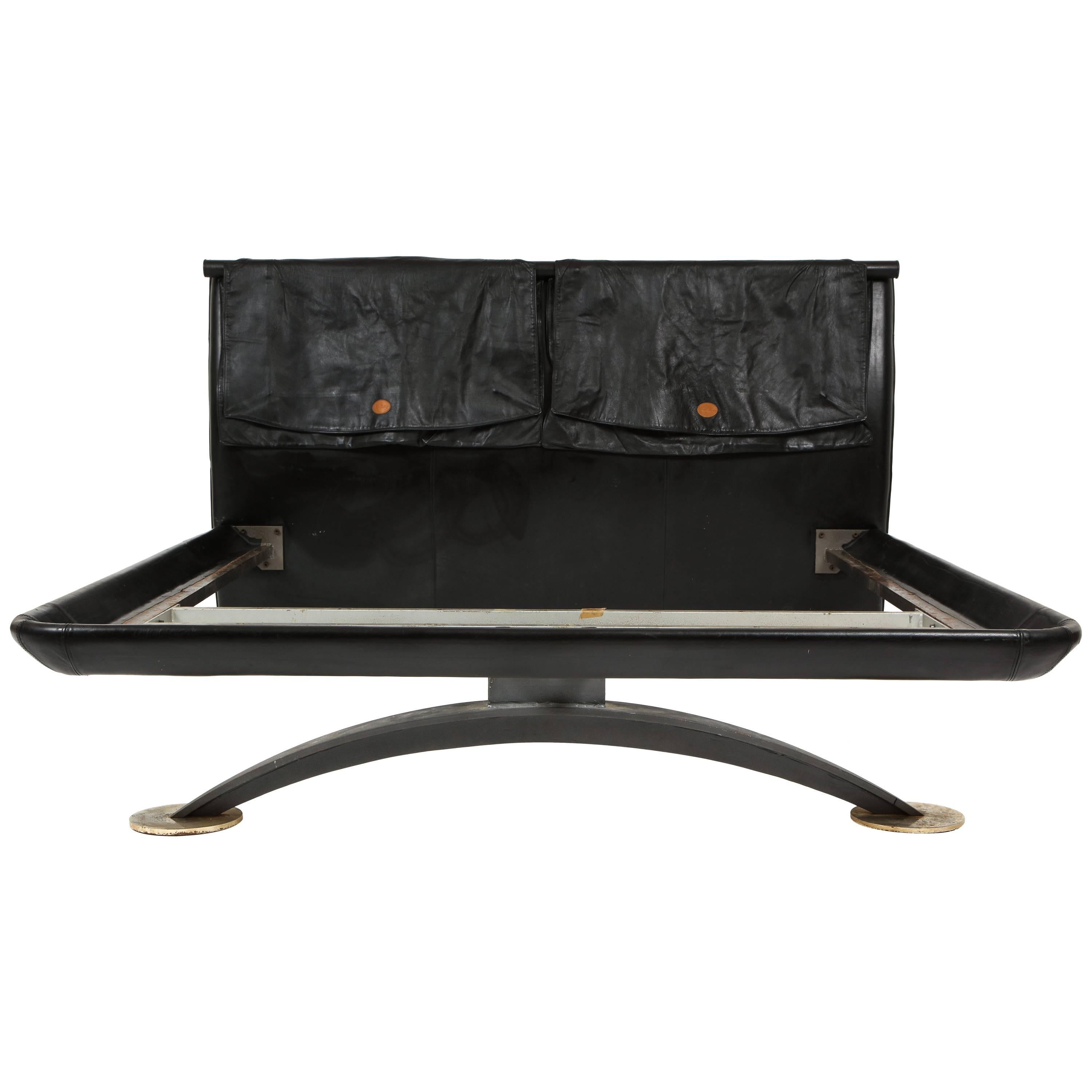 Pierre Cardin Black Leather Bed Bronze and Iron Base, 1970s-1980s