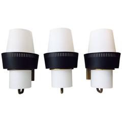 Danish Modernist Cased Glass and Brass Wall Lights, Bent Karlby for Lyfa, 1950s