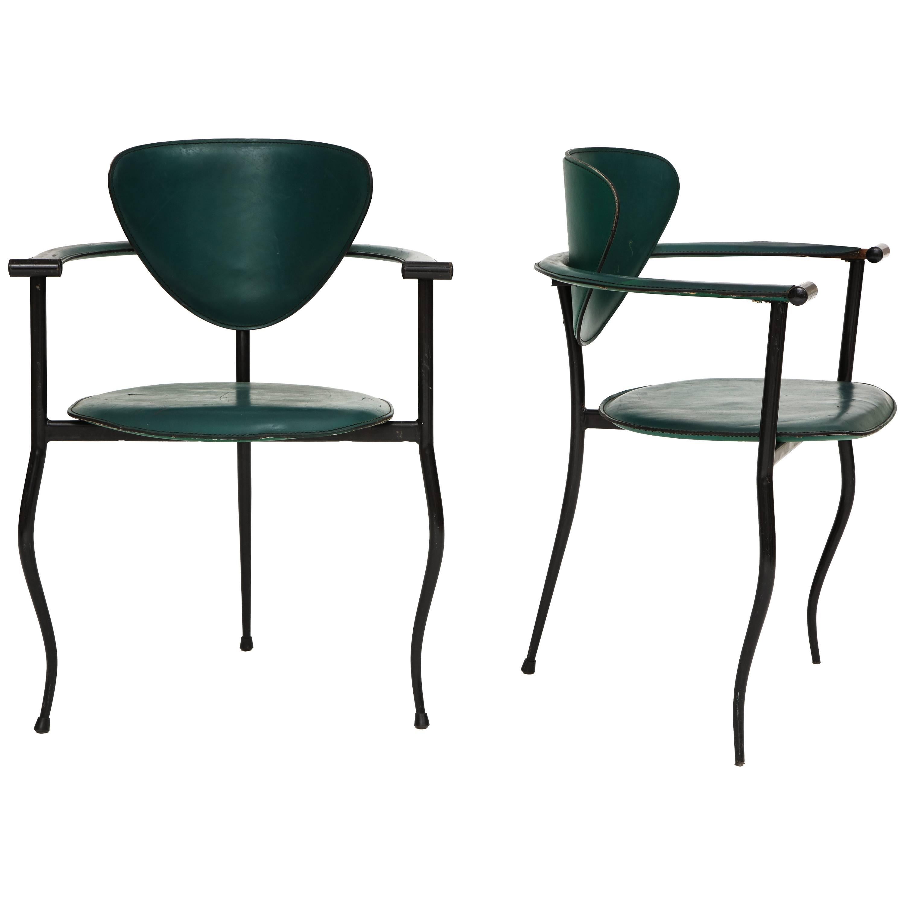 Postmodern Sculptural Green Leather and Iron Side Chairs, 1980s-1990s