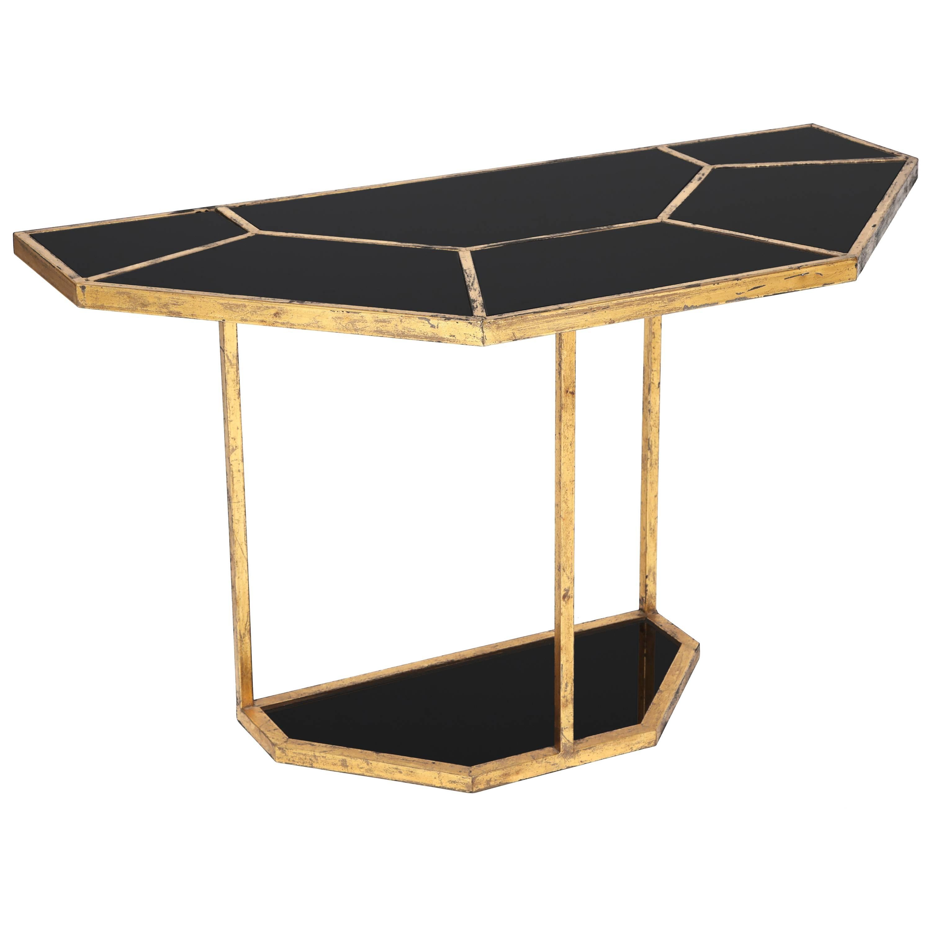 Gabriella Crespi Style Demi Lune Brass Black Console, Mid-Century, 1970s-1980s