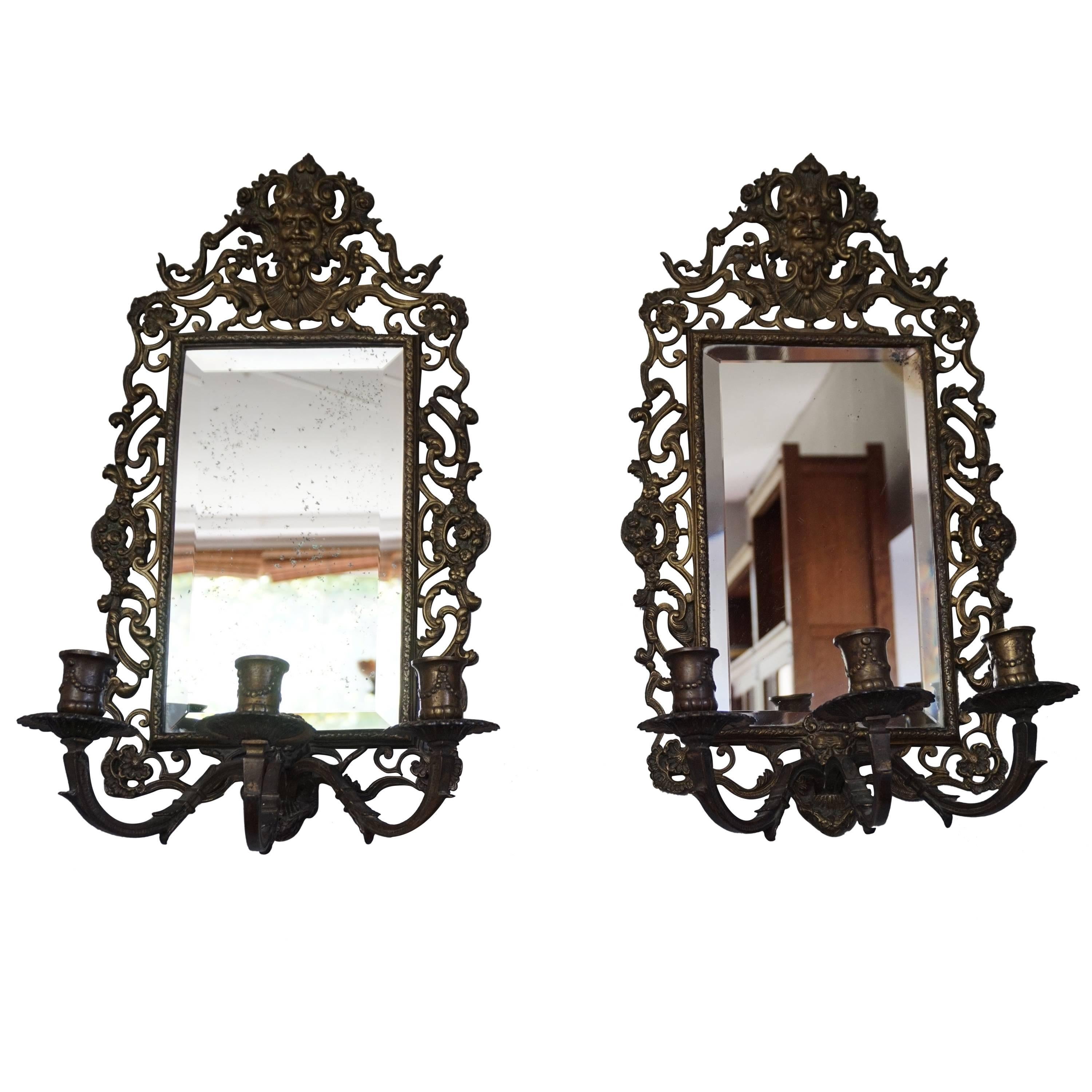 Pair of Renaissance Revival Bronze & Beveled Mirror Wall Sconces and Candelabras