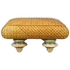 Mackenzie Childs Retro Ottoman with Ceramic Polychrome Feet and Woven Cane