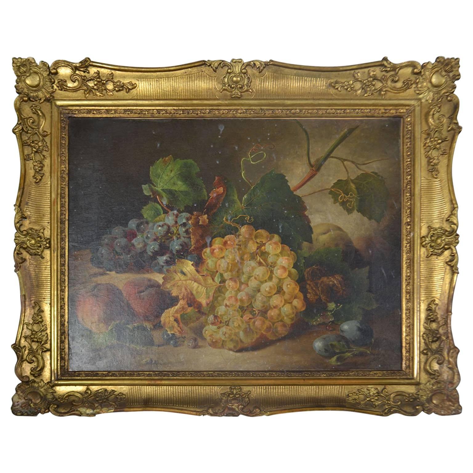 19th Century Oil Painting, "Still Life with Grapes and Peaches"