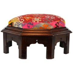 Antique Upholstered Oriental Style Octagonal Ottoman with Colorful Anatolian Kilim Cover