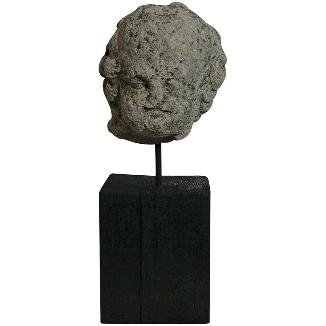 17th-18th Century French Weathered Carved Stone Head of an Angel