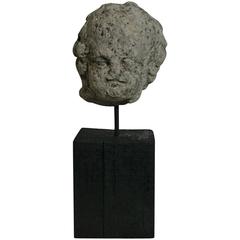 17th-18th Century French Weathered Carved Stone Head of an Angel