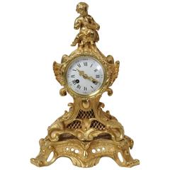 Antique French Gilt Bronze Rococo Boudoir Clock, circa 1860