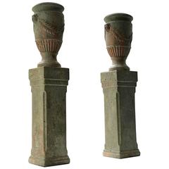 French Pair of Terracotta Urns on Plinths, 19th Century 1