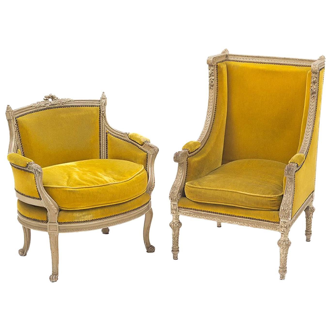 19th Century Louis XVI Painted Bergère and Marquise from France
