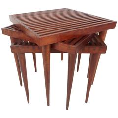 Unique Set of Three Mid-Century Modern Walnut Slat Top Nesting Tables 1
