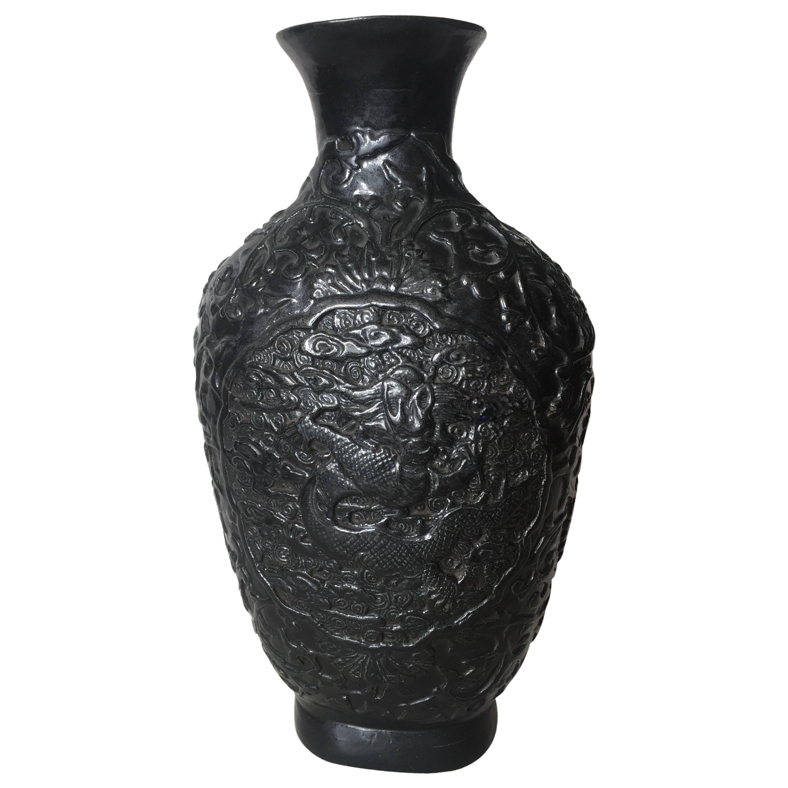 Late 19th Century Chinese Qianlong Mark Bisque Relief Dragon Vase