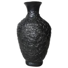 Antique Late 19th Century Chinese Qianlong Mark Bisque Relief Dragon Vase