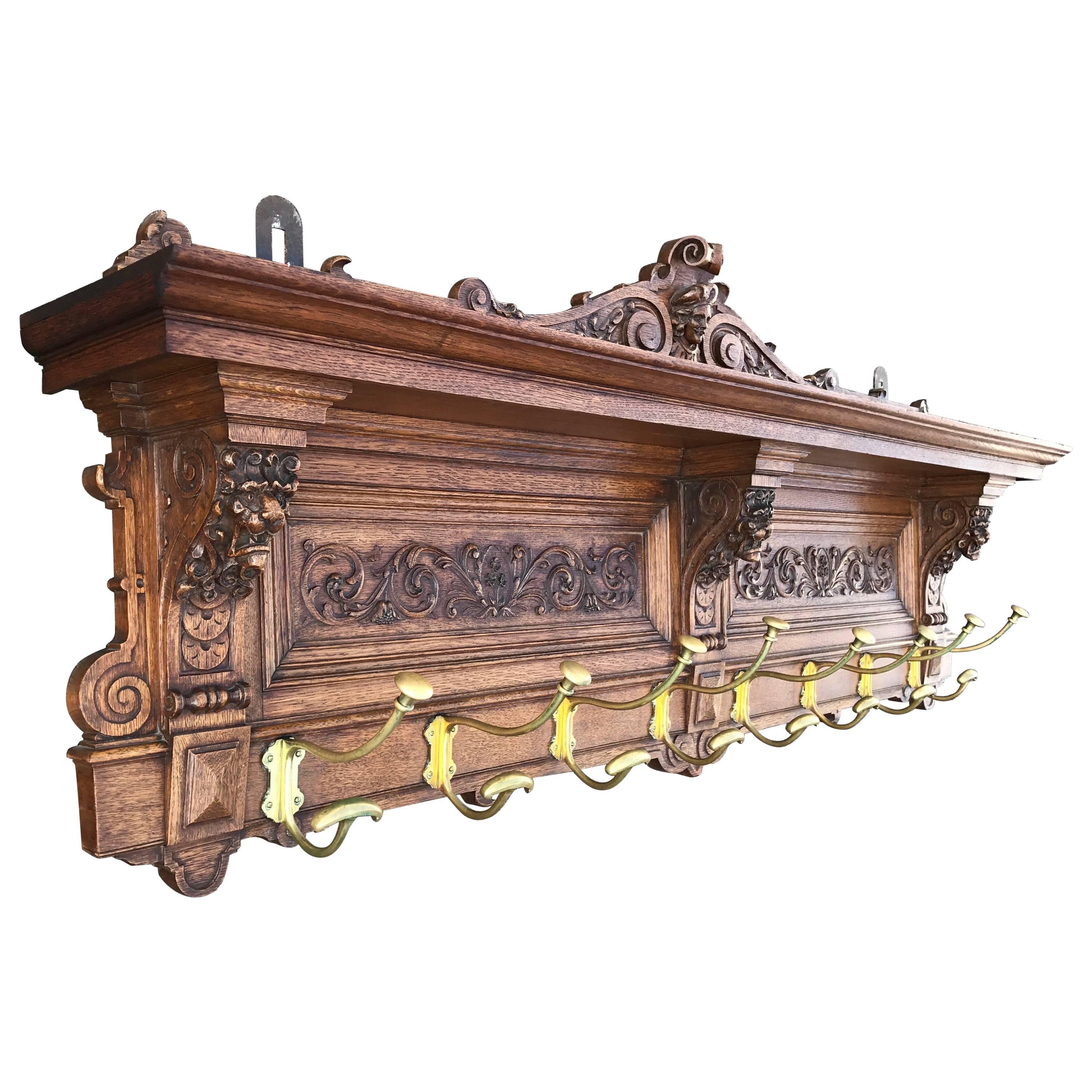Large Antique and Quality Carved Wooden and Cast Bronze Wall Coat Rack ...