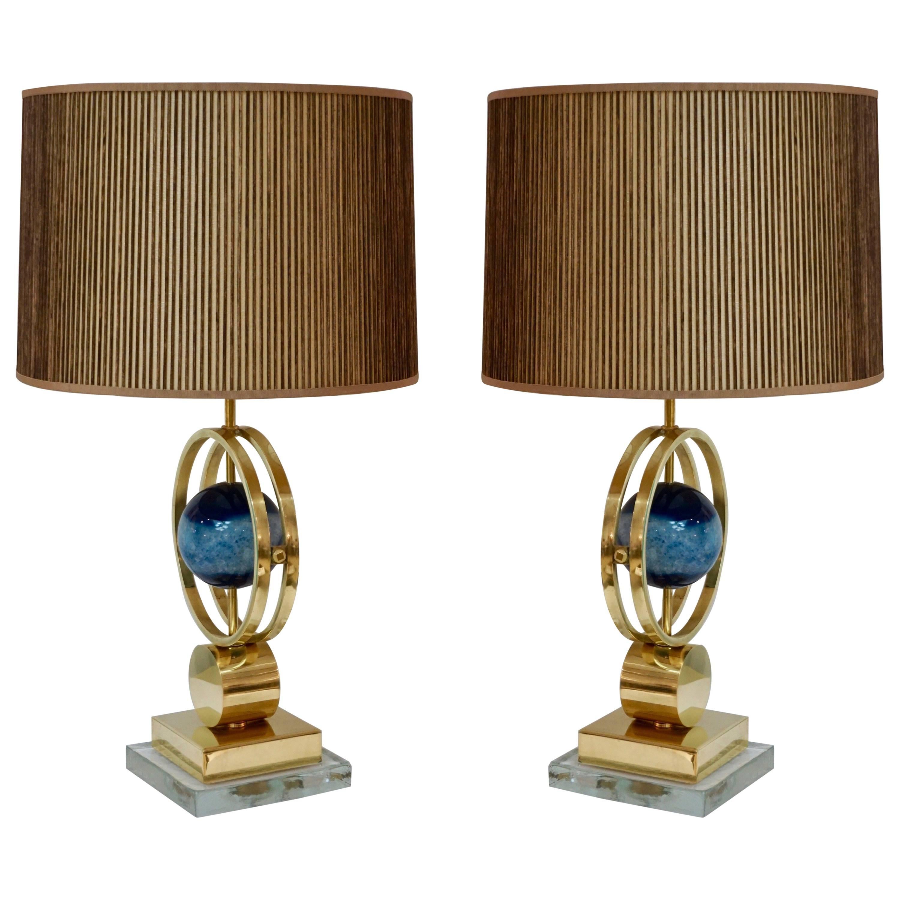 Italian Modern Pair of Brass Lamps with Whole Round Agate Stones in Blue Tones